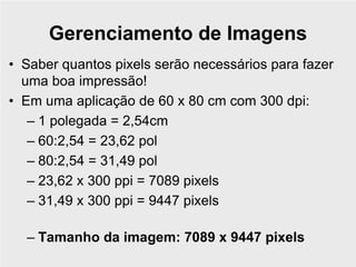 Gerenciamento de Imagens
• Saber quantos pixels serão necessários para fazer
  uma boa impressão!
• Em uma aplicação de 60 x 80 cm com 300 dpi:
   – 1 polegada = 2,54cm
   – 60:2,54 = 23,62 pol
   – 80:2,54 = 31,49 pol
   – 23,62 x 300 ppi = 7089 pixels
   – 31,49 x 300 ppi = 9447 pixels

  – Tamanho da imagem: 7089 x 9447 pixels
 