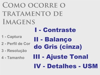 Como ocorre o
tratamento de
Imagens
                    I - Contraste
1 - Captura
                    II - Balanço
2 - Perfil de Cor
                    do Gris (cinza)
3 - Resolução
4 - Tamanho         III - Ajuste Tonal
                    IV - Detalhes - USM
 