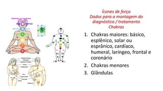 Ícones de força
Dados para a montagem do
diagnóstico / tratamento
Chakras
1. Chakras maiores: básico,
esplênico, solar ou
esprânico, cardíaco,
humeral, laríngeo, frontal e
coronário
2. Chakras menores
3. Glândulas
 
