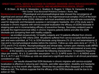 GREAT OCCIPITAL NERVE BLOCKADE IN CHRONIC MIGRAINE WITH CERVICO-OCCIPITAL LOCALIZATION: A CLINICAL AND  GREAT OCCIPITAL NERVE BLOCKADE IN CHRONIC MIGRAINE WITH CERVICO-OCCIPITAL LOCALIZATION: A CLINICAL AND NEUROPHYSIOLOGICAL STUDY F. Di Stani , G. Bruti, C. Mostardini, L. Scattoni, D. Dugoni, V. Villani, N. Vanacore, R Cerbo 1  Pain Center "Enzo Borzomati"/Policlinico Umberto I, Rome, Italy Background and aims : Physiological and physiopathological data showed the convergence of trigeminal and cervical afferents on to neurons in the trigeminocervical-complex (TCC) of the brain stem. Great occipital nerve (GON) infiltration with local anesthetics and steroids was successfully used for diagnostic and therapeutic purpose in cervicogenic headache. Aim of the study was to evaluate in chronic migraine with cervico-occipital localization the efficacy of (GON) blockade in stopping pain and in incrementating efficacy of preventive therapy. Secondary endpoint was to evaluate the trigeminocervical reflex in chronic migraine patients before and after the GON blockade and comparing them with healthy subjects. Methods : we enrolled consecutively 14 healthy subjects and 10 patients affected from chronic migraine according to IHS criteria 2004. All patients suffered from cervico-occipital distribution of pain and were submitted, at T=0, to GON blockade using lidocaine 2% (5 ml) and betametasone (2 mg) and to neurophysiological studies before the injection. Follow-up visits were done at 1 (T=1), 3 (T=2) and 6 (T=3) months. Neurophysiological and clinical data, numeric pain intensity scale (NPIS) and Migraine Disability Assessment Scale (MIDAS) were collected and administered at every step. Results:  at the baseline our patients showed the following characteristics: 1) headache frequency (days per month): 18 ± 3; 2) pain-killer assumption: 14 ± 3; 3) NPIS score: 8 ± 1; 4) MIDAS score: 55 ± 9. At T=1 and T=3 follow-up visits we observed a significant reduction in all clinical parameters considered (p<.05).  Conclusions : our results showed that GON blockade in chronic migraine with cervico-occipital localization is effective in reducing pain intensity, pain-killer assumption, disability and headache frequency up to first month after injection. Otherwise this positive effect disappear at 6 months follow-up visit. The Authors suppose that the efficacy of the GON blockade could be due to its action on TCC. 