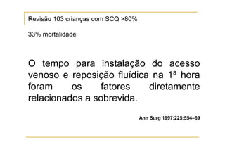 Revisão 103 crianças com SCQ >80%

33% mortalidade



O tempo para instalação do acesso
venoso e reposição fluídica na 1ª hora
foram     os     fatores   diretamente
relacionados a sobrevida.
                                    Ann Surg 1997;225:554–69
 