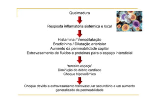Queimadura


              Resposta inflamatória sistêmica e local


                  Histamina / Venodilatação
               Bradicinina / Dilatação arteriolar
             Aumento da permeabilidade capilar
 Extravasamento de fluidos e proteinas para o espaço intersticial


                          “terceiro espaço”
                    Diminição do débito cardíaco
                       Choque hipovolêmico


Choque devido a extravasamento transvascular secundário a um aumento
                    generalizado da permeabilidade
 