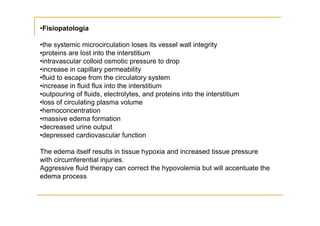 •Fisiopatologia

•the systemic microcirculation loses its vessel wall integrity
•proteins are lost into the interstitium
•intravascular colloid osmotic pressure to drop
•increase in capillary permeability
•fluid to escape from the circulatory system
•increase in fluid flux into the interstitium
•outpouring of fluids, electrolytes, and proteins into the interstitium
•loss of circulating plasma volume
•hemoconcentration
•massive edema formation
•decreased urine output
•depressed cardiovascular function

The edema itself results in tissue hypoxia and increased tissue pressure
with circumferential injuries.
Aggressive fluid therapy can correct the hypovolemia but will accentuate the
edema process
 