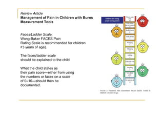 Review Article
Management of Pain in Children with Burns
Measurement Tools


Faces/Ladder Scale.
Wong-Baker FACES Pain
Rating Scale is recommended for children
≥3 years of age].

The faces/ladder scale
should be explained to the child

What the child states as
their pain score—either from using
the numbers or faces on a scale
of 0–10—should then be
documented.
 