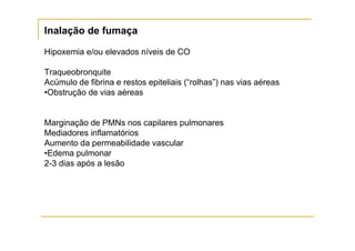 Inalação de fumaça

Hipoxemia e/ou elevados níveis de CO

Traqueobronquite
Acúmulo de fibrina e restos epiteliais (“rolhas”) nas vias aéreas
•Obstrução de vias aéreas


Marginação de PMNs nos capilares pulmonares
Mediadores inflamatórios
Aumento da permeabilidade vascular
•Edema pulmonar
2-3 dias após a lesão
 