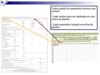 Cada questão do questionário torna-se uma variável - Cada variável deve ser codificada em uma coluna da planilha - Cada questionário ocupará uma linha da planilha 