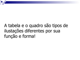 A tabela e o quadro são tipos de ilustações diferentes por sua função e forma! 