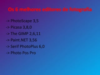 -> PhotoScape 3,5
-> Picasa 3,8,0
-> The GIMP 2,6,11
-> Paint.NET 3,56
-> Serif PhotoPlus 6,0
-> Photo Pos Pro
 