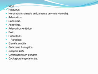  Virus
 Rotavírus.
 Norovírus (chamado antigamente de vírus Norwalk).
 Adenovírus.
 Sapovírus.
 Astrovírus.
 Adenovírus entérico.
 Pólio.
 Hepatitis E.
 – Parasitas:
 Giardia lamblia
 Entameba histolytica.
 Isospora belli.
 Cryptosporidium parvum.
 Cyclospora cayetanensis.
 