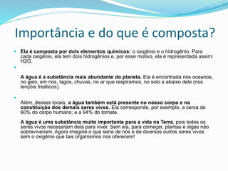 Importância e do que é composta?
 Ela é composta por dois elementos químicos: o oxigênio e o hidrogênio. Para
cada oxigênio, ela tem dois hidrogênios e, por esse motivo, ela é representada assim:
H2O.

A água é a substância mais abundante do planeta. Ela é encontrada nos oceanos,
no gelo, em rios, lagos, chuvas, no ar que respiramos, no solo e abaixo dele (nos
lençóis freáticos).

Além, desses locais, a água também está presente no nosso corpo e na
constituição dos demais seres vivos. Ela corresponde, por exemplo, a cerca de
60% do corpo humano; e a 94% do tomate.
A água é uma substância muito importante para a vida na Terra, pois todos os
seres vivos necessitam dela para viver. Sem ela, para começar, plantas e algas não
sobreviveriam. Agora imagine o que seria de nós e de diversos outros seres vivos
sem o oxigênio que tais organismos nos oferecem!
 