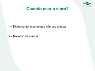 Quando usar o cloro?

>> Diariamente, mesmo que não use a água

>> No início da manhã

 