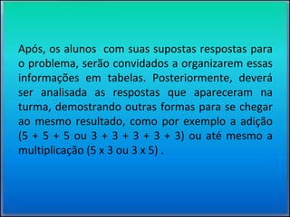 Após, os alunos com suas supostas respostas para
o problema, serão convidados a organizarem essas
informações em tabelas. Posteriormente, deverá
ser analisada as respostas que apareceram na
turma, demostrando outras formas para se chegar
ao mesmo resultado, como por exemplo a adição
(5 + 5 + 5 ou 3 + 3 + 3 + 3 + 3) ou até mesmo a
multiplicação (5 x 3 ou 3 x 5) .
 