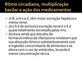 Ritmo circadiano, multiplicação bacilar e ação dos medicamentos A R, a H e a Z, têm maior excreção hepática e menor renal. Já a S é de exclusiva excreção renal e o E é quase totalmente excretado pelos rins.Acresce ainda que estudos de farmacocinética da rifampicina revelaram que sua absorção diminui substantivamente com a ingestão concomitante de alimentos e se altera com o uso de antiácidos, levando à menor concentração sérica. 