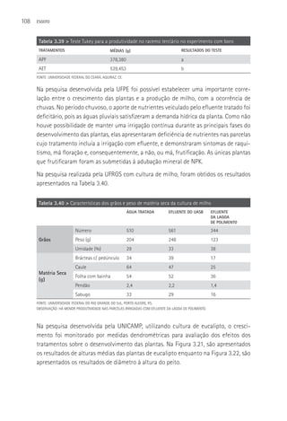 108   ESGOTO



       Tabela 3.39 > Teste Tukey para a produtividade no racemo terciário no experimento com boro
       TRATAMENTOS                              MéDIAS (g)                           RESULTADOS DO TESTE

       APF                                      378,380                              a
       AET                                      539,453                              b
      FONTE: UNIVERSIDADE FEDERAL DO CEARá, AQUIRAZ, CE.


      Na pesquisa desenvolvida pela UFPE foi possível estabelecer uma importante corre-
      lação entre o crescimento das plantas e a produção de milho, com a ocorrência de
      chuvas. No período chuvoso, o aporte de nutrientes veiculado pelo efluente tratado foi
      deficitário, pois as águas pluviais satisfizeram a demanda hídrica da planta. Como não
      houve possibilidade de manter uma irrigação contínua durante as principais fases do
      desenvolvimento das plantas, elas apresentaram deficiência de nutrientes nas parcelas
      cujo tratamento incluía a irrigação com efluente, e demonstraram sintomas de raqui-
      tismo, má floração e, consequentemente, a não, ou má, frutificação. As únicas plantas
      que frutificaram foram as submetidas à adubação mineral de NPK.
      Na pesquisa realizada pela UFRGS com cultura de milho, foram obtidos os resultados
      apresentados na Tabela 3.40.

       Tabela 3.40 > Características dos grãos e peso de matéria seca da cultura de milho
                                                           ÁGUA TRATADA       EFLUENTE DO UASB        EFLUENTE
                                                                                                      DA LAGOA
                                                                                                      DE POLIMENTO

                            Número                         510                561                     344
       Grãos                Peso (g)                       204                248                     123
                            Umidade (%)                    29                 33                      38
                            Brácteas c/ pedúnculo          34                 39                      17
                            Caule                          64                 47                      25
       Matéria Seca
                            Folha com bainha               54                 52                      36
       (g)
                            Pendão                         2,4                2,2                     1,4
                            Sabugo                         33                 29                      16
      FONTE: UNIVERSIDADE FEDERAL DO RIO GRANDE DO SUL, PORTO ALEGRE, RS.
      OBSERVAçãO: Há MENOR PRODUTIVIDADE NAS PARCELAS IRRIGADAS COM EFLUENTE DA LAGOA DE POLIMENTO.



      Na pesquisa desenvolvida pela UNICAMP, utilizando cultura de eucalipto, o cresci-
      mento foi monitorado por medidas dendrométricas para avaliação dos efeitos dos
      tratamentos sobre o desenvolvimento das plantas. Na Figura 3.21, são apresentados
      os resultados de alturas médias das plantas de eucalipto enquanto na Figura 3.22, são
      apresentados os resultados de diâmetro à altura do peito.
 