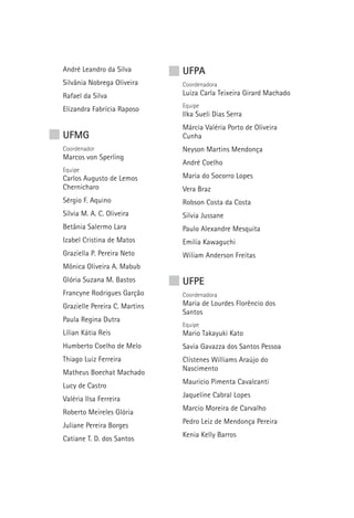 André Leandro da Silva         UFPA
Silvânia Nobrega Oliveira      Coordenadora
Rafael da Silva                Luiza Carla Teixeira Girard Machado
                               Equipe
Elizandra Fabrícia Raposo
                               Ilka Sueli Dias Serra
                               Márcia Valéria Porto de Oliveira
UFMG                           Cunha
Coordenador                    Neyson Martins Mendonça
Marcos von Sperling
                               André Coelho
Equipe
Carlos Augusto de Lemos        Maria do Socorro Lopes
Chernicharo                    Vera Braz
Sérgio F. Aquino               Robson Costa da Costa
Sílvia M. A. C. Oliveira       Silvia Jussane
Betânia Salermo Lara           Paulo Alexandre Mesquita
Izabel Cristina de Matos       Emilia Kawaguchi
Graziella P. Pereira Neto      Wiliam Anderson Freitas
Mônica Oliveira A. Mabub
Glória Suzana M. Bastos        UFPE
Francyne Rodrigues Garção      Coordenadora
Grazielle Pereira C. Martins   Maria de Lourdes Florêncio dos
                               Santos
Paula Regina Dutra
                               Equipe
Lílian Kátia Reis              Mario Takayuki Kato
Humberto Coelho de Melo        Savia Gavazza dos Santos Pessoa
Thiago Luiz Ferreira           Clístenes Williams Araújo do
                               Nascimento
Matheus Boechat Machado
                               Mauricio Pimenta Cavalcanti
Lucy de Castro
                               Jaqueline Cabral Lopes
Valéria Ilsa Ferreira
                               Marcio Moreira de Carvalho
Roberto Meireles Glória
                               Pedro Leiz de Mendonça Pereira
Juliane Pereira Borges
                               Kenia Kelly Barros
Catiane T. D. dos Santos
 