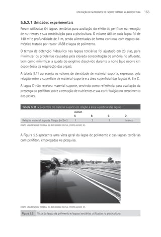 UTILIzAçãO DE NUTRIENTES DE ESGOTO TRATADO NA PISCICULTURA   165

5.5.2.1 Unidades experimentais
Foram utilizadas 04 lagoas terciárias para avaliação do efeito do perifíton na remoção
de nutrientes e sua contribuição para a piscicultura. O volume útil de cada lagoa foi de
140 m3 e profundidade de 1 m, sendo alimentadas de forma contínua com esgoto do-
méstico tratado por reator UASB e lagoa de polimento.
O tempo de detenção hidráulico nas lagoas terciárias foi ajustado em 23 dias, para
minimizar os problemas causados pela elevada concentração de amônia no afluente,
bem como minimizar a queda do oxigênio dissolvido durante a noite (que ocorre em
decorrência da respiração das algas).
A tabela 5.11 apresenta os valores de densidade de material suporte, expressos pela
relação entre a superfície de material suporte e a área superficial das lagoas A, B e C.
A lagoa D não recebeu material suporte, servindo como referência para avaliação da
presença do perifíton sobre a remoção de nutrientes e sua contribuição no crescimento
dos peixes.

  Tabela 5.11 > Superfície do material suporte em relação à área superficial das lagoas
                                                       LAGOAS
                                                       A                B              C              D
  Relação material suporte / lagoa (m2/m2)             1                2               3              branco
FONTE: UNIVERSIDADE FEDERAL DO RIO GRANDE DO SUL, PORTO ALEGRE, RS.



A Figura 5.5 apresenta uma vista geral da lagoa de polimento e das lagoas terciárias
com perifíton, empregadas na pesquisa.




FONTE: UNIVERSIDADE FEDERAL DO RIO GRANDE DO SUL. PORTO ALEGRE, RS.


 Figura 5.5      Vista da lagoa de polimento e lagoas terciárias utilizadas na piscicultura
 