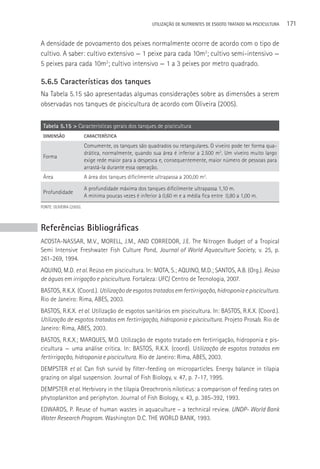 UTILIzAçãO DE NUTRIENTES DE ESGOTO TRATADO NA PISCICULTURA   171

A densidade de povoamento dos peixes normalmente ocorre de acordo com o tipo de
cultivo. A saber: cultivo extensivo — 1 peixe para cada 10m2; cultivo semi-intensivo —
5 peixes para cada 10m2; cultivo intensivo — 1 a 3 peixes por metro quadrado.

5.6.5 Características dos tanques
Na Tabela 5.15 são apresentadas algumas considerações sobre as dimensões a serem
observadas nos tanques de piscicultura de acordo com Oliveira (2005).

 Tabela 5.15 > Características gerais dos tanques de piscicultura
 DIMENSãO                 CARACTERíSTICA

                          Comumente, os tanques são quadrados ou retangulares. O viveiro pode ter forma qua-
                          drática, normalmente, quando sua área é inferior a 2.500 m2. Um viveiro muito largo
 Forma
                          exige rede maior para a despesca e, consequentemente, maior número de pessoas para
                          arrastá-la durante essa operação.
 área                     A área dos tanques dificilmente ultrapassa a 200,00 m2.

                          A profundidade máxima dos tanques dificilmente ultrapassa 1,10 m.
 Profundidade
                          A mínima poucas vezes é inferior à 0,60 m e a média fica entre 0,80 a 1,00 m.
FONTE: OLIVEIRA (2005).




Referências Bibliográficas
ACOSTA-NASSAR, M.V., MORELL, J.M., AND CORREDOR, J.E. The Nitrogen Budget of a Tropical
Semi Intensive Freshwater Fish Culture Pond, Journal of World Aquaculture Society, v. 25, p.
261-269, 1994.
AQUINO, M.D. et al. Reúso em piscicultura. In: MOTA, S.; AQUINO, M.D.; SANTOS, A.B. (Org.). Reúso
de águas em irrigação e piscicultura. Fortaleza: UFC/ Centro de Tecnologia, 2007.
BASTOS, R.K.X. (Coord.). Utilização de esgotos tratados em fertirrigação, hidroponia e piscicultura.
Rio de Janeiro: Rima, ABES, 2003.
BASTOS, R.K.X. et al. Utilização de esgotos sanitários em piscicultura. In: BASTOS, R.K.X. (Coord.).
Utilização de esgotos tratados em fertirrigação, hidroponia e piscicultura. Projeto Prosab. Rio de
Janeiro: Rima, ABES, 2003.
BASTOS, R.K.X.; MARQUES, M.O. Utilização de esgoto tratado em fertirrigação, hidroponia e pis-
cicultura — uma análise crítica. In: BASTOS, R.K.X. (coord). Utilização de esgotos tratados em
fertirrigação, hidroponia e piscicultura. Rio de Janeiro: Rima, ABES, 2003.
DEMPSTER et al. Can fish survid by filter-feeding on microparticles. Energy balance in tilapia
grazing on algal suspension. Journal of Fish Biology, v. 47, p. 7-17, 1995.
DEMPSTER et al. Herbivory in the tilapia Oreochronis niloticus: a comparison of feeding rates on
phytoplankton and periphyton. Journal of Fish Biology, v. 43, p. 385-392, 1993.
EDWARDS, P. Reuse of human wastes in aquaculture – a technical review. UNDP- World Bank
Water Research Program. Washington D.C. THE WORLD BANK, 1993.
 