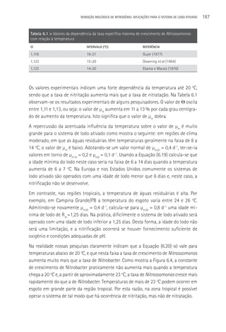 REMOçãO BIOLÓGICA DE NITROGÊNIO: APLICAçÕES PARA O SISTEMA DE LODO ATIVADO   187


Tabela 6.1 > Valores da dependência da taxa específica máxima de crescimento de Nitrossomonas
com relação à temperatura
Θ                               INTERVALO (OC)                      REFERêNCIA

1,116                           19-21                               Gujer (1977)
1,123                           15-20                               Downing et al (1964)
1,123                           14-20                               Ekama e Marais (1976)



Os valores experimentais indicam uma forte dependência da temperatura até 20 oC,
sendo que a taxa de nitritação aumenta mais que a taxa de nitratação. Na Tabela 6.1
observam-se os resultados experimentais de alguns pesquisadores. O valor de Θ oscila
entre 1,11 e 1,13, ou seja: o valor de µm aumenta em 11 a 13 % por cada grau centígra-
do de aumento da temperatura. Isto significa que o valor de µm dobra.
A repercussão da acentuada influência da temperatura sobre o valor de µm é muito
grande para o sistema de lodo ativado como mostra o seguinte: em regiões de clima
moderado, em que as águas residuárias têm temperaturas geralmente na faixa de 8 a
14 oC, o valor de µm é baixo. Adotando-se um valor normal de µm20 = 0,4 d-1, ter-se-ia
valores em torno de µm14 = 0,2 e µm8 = 0,1 d-1. Usando a Equação (6.19) calcula-se que
a idade mínima do lodo neste caso seria na faixa de 6 a 14 dias quando a temperatura
aumenta de 6 a 7 oC. Na Europa e nos Estados Unidos comumente os sistemas de
lodo ativado são operados com uma idade de lodo menor que 6 dias e, neste caso, a
nitrificação não se desenvolve.
Em contraste, nas regiões tropicais, a temperatura de águas residuárias é alta. Por
exemplo, em Campina Grande/PB a temperatura do esgoto varia entre 24 e 26 oC.
Admitindo-se novamente µm20 = 0,4 d-1, calcula-se para µm26 = 0,8 d-1 uma idade mí-
nima de lodo de Rsn=1,25 dias. Na prática, dificilmente o sistema de lodo ativado será
operado com uma idade de lodo inferior a 1,25 dias. Desta forma, a idade do lodo não
será uma limitação, e a nitrificação ocorrerá se houver fornecimento suficiente de
oxigênio e condições adequadas de pH.
Na realidade nossas pesquisas claramente indicam que a Equação (6.20) só vale para
temperaturas abaixo de 20 oC, e que nesta faixa a taxa de crescimento de Nitrossomonas
aumenta muito mais que a taxa de Nitrobacter. Como mostra a Figura 6.4, a constante
de crescimento de Nitrobacter praticamente não aumenta mais quando a temperatura
chega a 20 oC e, a partir de aproximadamente 23 oC, a taxa de Nitrossomonas cresce mais
rapidamente do que a de Nitrobacter. Temperaturas de mais de 23 oC podem ocorrer em
esgoto em grande parte da região tropical. Por esta razão, na zona tropical é possível
operar o sistema de tal modo que há ocorrência de nitritação, mas não de nitratação.
 