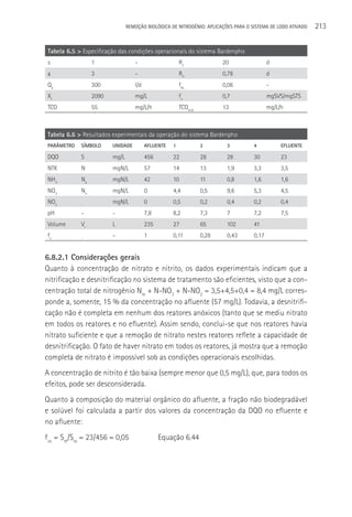 REMOçãO BIOLÓGICA DE NITROGÊNIO: APLICAçÕES PARA O SISTEMA DE LODO ATIVADO   213


Tabela 6.5 > Especificação das condições operacionais do sistema Bardenpho
s                1                -                    Rs              20                 d
a                3                -                    Rh              0,78               d
Qa               300              l/d                  fbs             0,06               -
Xt               2090             mg/L                 fv              0,7                mgSVS/mgSTS
TCO              55               mg/L/h               TCOend          13                 mg/L/h



Tabela 6.6 > Resultados experimentais da operação do sistema Bardenpho
PARâMETRO   SíMBOLO     UNIDADE         AFLUENTE   1            2       3          4           EFLUENTE

DQO         S           mg/L            456        22           28      28         30          23
NTK         N           mgN/L           57         14           13      1,9        3,3         3,5
NH3         Na          mgN/L           42         10           11      0,8        1,6         1,6
NO3         Nn          mgN/L           0          4,4          0,5     9,6        5,3         4,5
NO2         -
                        mgN/L           0          0,5          0,2     0,4        0,2         0,4
pH          -           -               7,8        8,2          7,3     7          7,2         7,5
Volume      Vr          L               235        27           65      102        41
fx          -
                        -               1          0,11         0,28    0,43       0,17


6.8.2.1 Considerações gerais
Quanto à concentração de nitrato e nitrito, os dados experimentais indicam que a
nitrificação e desnitrificação no sistema de tratamento são eficientes, visto que a con-
centração total de nitrogênio Nte + N-NO3 + N-NO2 = 3,5+4,5+0,4 = 8,4 mg/L corres-
ponde a, somente, 15 % da concentração no afluente (57 mg/L). Todavia, a desnitrifi-
cação não é completa em nenhum dos reatores anóxicos (tanto que se mediu nitrato
em todos os reatores e no efluente). Assim sendo, conclui-se que nos reatores havia
nitrato suficiente e que a remoção de nitrato nestes reatores reflete a capacidade de
desnitrificação. O fato de haver nitrato em todos os reatores, já mostra que a remoção
completa de nitrato é impossível sob as condições operacionais escolhidas.
A concentração de nitrito é tão baixa (sempre menor que 0,5 mg/L), que, para todos os
efeitos, pode ser desconsiderada.
Quanto à composição do material orgânico do afluente, a fração não biodegradável
e solúvel foi calculada a partir dos valores da concentração da DQO no efluente e
no afluente:
fus = Ste/Sta = 23/456 = 0,05                 Equação 6.44
 