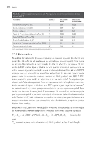 238   ESGOTO



       Tabela 7.1 > Diferenças entre organismos poli-P e organismos convencionais no sistema de lodo
       ativado (a 20 oC)

       PARâMETRO                                                   SíMBOLO   ORGANISMO    ORGANISMO
                                                                             POLI-P       CONVENCIONAL

       Teor de fósforo (mgP.mg-1SVS)                               fP        0,38         0,025
       Constante de decaimento (d-1)                               b         0,04         0,24
       Resíduo endógeno (-)                                        f         0,25         0,20
       Fração de P no resíduo endógeno (mgP.mg-1Xe)                fpe       0,025        0,025
       Razão SVS/STS (mgSVS.mg-1STS)                               fv        0,46         0,80
       Desnitrificação (mgN.mg Xa.d )
                                  -1    -1
                                                                   K2        0,25         0,10
       Liberação de P na zona anaeróbia (mgP.mg-1DQO)              fpr       0,5          0,0
       Constante de desnitrificação                                K 2’      0,25         0,1
      FONTE: UNIVERSIDADE FEDERAL DE CAMPINA GRANDE, CAMPINA GRANDE, PB.



      7.3.2 Cultura mista
      Na prática do tratamento de águas residuárias, o material orgânico do afluente em
      geral não está na forma adequada para ser utilizado por organismos poli-P; na forma
      de acetato. Normalmente, a concentração de AGV no afluente é menos que 10 por
      cento da DQO total da água residuária, mesmo quando o tempo de permanência na
      rede é longo e alguma fermentação ocorra, produzindo ácido acético. Wentzel (1985)
      mostrou que, em um ambiente anaeróbio, as bactérias de sistemas convencionais
      podem converter o material orgânico rapidamente biodegradável para AGV. O AGV,
      assim produzido, pode, então, ser absorvido pelas bactérias poli-P. Os próprios orga-
      nismos poli-P não são capazes de fazer a conversão de material orgânico em acetato.
      Assim, no caso de águas residuárias sem AGV, a presença de organismos “normais”
      de lodo ativado é necessária para gerar o substrato para os organismos poli-P. Por-
      tanto, nos sistemas de remoção de P em excesso, há uma cultura mista composta
      por organismos poli-P e bactérias normais de sistemas de lodo ativado convencio-
      nais. Wentzel et al (1990) elaboraram um modelo para descrever quantitativamente o
      comportamento de sistema com uma cultura mista. Está descrito, a seguir, os pontos
      básicos deste modelo.
      Em primeiro lugar, se houver introdução de nitrato na zona anaeróbia a concentração
      de material rapidamente biodegradável é reduzida conforme a seguinte expressão:
      S’bsa= Sbsa - r.Nne.2,86/(1-pY)*K1/(K1+K2) = Sbsa - r.Nne.8,6*K1/(K1+K2)           Equação 7.3
      onde:
      S’sba: concentração de material rapidamente biodegradável, após a desnitrificação
 
