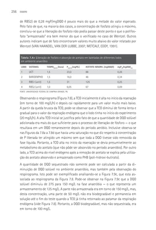 256   ESGOTO



      de RBS2) de 0,28 mgP/mgDQO é pouco mais do que a metade do valor esperado.
      Pelo fato de que, na maioria dos casos, a concentração de fosfato atingiu o máximo,
      concluiu-se que a liberação do fosfato não podia passar deste ponto e que o polifos-
      fato “armazenado” era bem menor do que o verificado no caso de Wentzel. Outros
      autores indicam que de fato encontraram valores muito abaixo do valor relatado por
      Wentzel (VAN HAANDEL, VAN DER LUBBE, 2007; METCALF, EDDY, 1991).


       Tabela 7.4> Liberação de fosfato e absorção de acetato em bateladas de diferentes lodos
       em ambiente anaeróbio
       LODO    SISTEMAS           TEMPOmáx,lib (hora)   Pmáx,lib (mgP/L)   ACETATO ABSORV. (mgDQO/l)   mgPlib/mgDQOseq

       1       UCT                1,5                   23,0               88                          0,26
       2       BARDENPHO          1,5                   16,0               46                          0,34
       3       RBS1 (unit)        1,5                   31                 125                         0,25
       4       RBS2 (unit)        1,0                   6,05               67                          0,09
      FONTE: UNIVERSIDADE FEDERAL DE CAMPINA GRANDE, PB.


      Observando o respirograma (Figura 7.8), a TCO inicialmente é alta no início da reaeração
      (em torno de 100 mg/L/h) e depois cai rapidamente para um valor muito mais baixo.
      A partir da queda brusca da TCO, pode-se observar que a TCO diminui de forma lenta e
      gradual para o valor da respiração endógena que o lodo tinha no início do experimento
      (20 mg/L/h). A alta TCO inicial se justifica pelo fato de que a quantidade de DQO solúvel
      adicionada era mais do que suficiente para o processo de liberação de fósforo — o que
      resultava em um DQO remanescente depois do período aeróbio. Inclusive observa-se
      nas Figuras da 7.8a a 7.8d que havia uma saturação no que diz respeito à concentração
      de P liberada ter atingido um máximo sem que toda a DQO tivesse sido removida da
      fase líquida. Portanto, a TCO alta no início da reaeração se devia presumivelmente ao
      metabolismo do acetato (que não pôde ser absorvido no período anaeróbio). Por outro
      lado, a TCO acima do nível endógeno após a remoção de acetato se explica pela utiliza-
      ção do acetato absorvido e armazenado como PHB (poli-hidroxi-butirato).
      A quantidade de DQO sequestrado não somente pode ser calculada a partir da di-
      minuição de DQO solúvel no ambiente anaeróbio, mas também pela observação do
      respirograma. Isto pode ser exemplificado analisando-se a Figura 7.9c, que esta as-
      sociada ao respirograma da Figura 7.8. Pode-se observar na Figura 7.9c que a DQO
      solúvel diminuiu de 275 para 150 mg/L na fase anaeróbia — o que representa um
      armazenamento de 125 mg/L. A parte não armazenada era em torno de 150 mg/L, mas,
      desta concentração, uma parte de 50 mg/L não era biodegradável e permanecia em
      solução até o fim do teste quando a TCO já tinha retornado ao patamar da respiração
      endógena (vide Figura 7.8). Portanto, a DQO biodegradável, mas não sequestrada, era
      em torno de 100 mg/L.
 