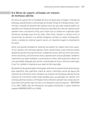 NITRIFICAçãO EM REATORES AERÓBIOS COM BIOMASSA ADERIDA   267


8.4 Meios de suporte utilizados em reatores
de biomassa aderida
Os meios de suporte têm a finalidade de servir de apoio para a fixação e retenção da
biomassa, possibilitando a manutenção de elevado tempo de retenção celular e per-
mitindo a redução do tamanho dos reatores (uma vez que estes reatores podem ser
operados com tempos de detenção hidráulica reduzidos). Os meios de suporte atuam
também como uma barreira física, pois evitam que os sólidos em suspensão sejam
facilmente carreados para fora do reator. Além disso, induzem o contato entre os
constituintes do afluente e os sólidos biológicos contidos no reator. Consequente-
mente, a seleção do material suporte exerce um importante papel no desempenho
do reator.
Existe uma grande variedade de materiais que podem ser usados como meio supor-
te nos reatores com biomassa aderida. Como características, esses materiais devem
apresentar grande área superficial por unidade de volume, além de serem estrutural-
mente resistentes, suficientemente leves e apresentarem alta durabilidade. Também é
importante que sejam biológica e quimicamente inertes. Adicionalmente, devem ter
uma porosidade adequada que facilite a distribuição do fluxo e dificulte a obstrução.
E, por fim, também é importante que sejam de fácil aquisição.
Na Tabela 8.3 são apresentadas informações referentes às características dimensionais,
peso específico, área superficial, índice de vazios e descrição sucinta de alguns dos
materiais de enchimento mais utilizados nos reatores com biomassa aderida. Outros
materiais de enchimento estão sendo testados para sua aplicação em reatores com
biomassa aderida visando a nitrificação. Como exemplo é possível citar as espumas em
poliuretano (em painéis tipo cortinas ou em pequenos cubos de espuma — MACHDAR
et al, 1997; 2000); anéis de eletrodutos corrugados (conduítes); e tijolos cerâmicos
vazados (ANDRADE NETO et al, 2000).
 
