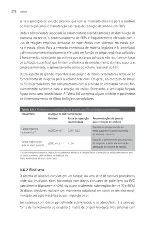 278   ESGOTO



      seria a aplicação de solução alcalina, que tem se mostrado eficiente para o controle
      de macrorganismos e manutenção das taxas de remoção de amônia em FBPs.
      Dada a complexidade associada às características hidrodinâmicas e de distribuição da
      biomassa no reator, o dimensionamento de FBPs é frequentemente efetuado com o
      uso de relações empíricas derivadas de experiências com sistemas em escala ple-
      na e escala piloto. Para a remoção combinada de matéria orgânica e N-amoniacal,
      o dimensionamento é basicamente efetuado em função de cargas orgânicas aplicadas.
      é fundamental, no entanto, garantir-se que as cargas aplicadas não resultem em taxas
      de aplicação superficial que limitem a eficiência de umedecimento do meio suporte e,
      consequentemente, o aproveitamento ótimo do volume reacional do FBP.
      Outro aspecto de grande importância no projeto de filtros percoladores refere-se ao
      fornecimento de oxigênio para o volume reacional. Em geral, no contexto do Brasil,
      os filtros percoladores têm sido projetados com a previsão de ventilação natural, fre-
      quentemente suficiente para a aeração do reator. Entretanto, a ventilação forçada
      figura como uma possibilidade. A Tabela 8.6 apresenta alguns critérios e parâmetros
      de dimensionamento de filtros biológicos percoladores.


       Tabela 8.6 > Parâmetros e considerações de projeto para filtros biológicos percoladores
       PARâMETROS                  REMOçãO DE DBO E NITRIFICAçãO
                                   Unidade              Faixa de operação         Recomendações de projeto
                                                        recomendada               para remoção de amônia
                                                                                  Garantir o umedecimento do
       Carga orgânica
                                   kgDBO.m-³.d-1        0,08 - 0,22               meio suporte e o aproveitamento
       volumétrica(1)
                                                                                  do volume reacional.
                                                                                  Garantir o atendimento aos requisitos
       Carga orgânica por
                                   gDBO.m-².d-1         < 2,4                     de oxigênio a partir da ventilação
       área de meio suporte
                                                                                  adequada do volume de reação.
      (1)
          O LIMITE INFERIOR DA FAIXA DE OPERAçãO RECOMENDADA REFERE-SE A UMA EFICIêNCIA DE REMOçãO DE AMôNIA EM TORNO DE 90%
      E O LIMITE SUPERIOR A UMA EFICIêNCIA EM TORNO DE 50%.
      FONTE: ADAPTADO DE METCALF E EDDY (2003).




      8.6.2 Biodiscos
      O sistema de biodisco consiste em um tanque, ou uma série de tanques prismáticos,
      onde são instalados eixos horizontais com discos circulares de polietileno ou PVC,
      parcialmente (tipicamente 40%), ou quase totalmente, submergidos (entre 70 e 90%).
      Os discos circulares realizam um movimento rotacional em torno de um eixo movi-
      mentado por ação mecânica ou por impulsão de ar.
      Em sistemas com discos parcialmente submergidos, o ar atmosférico é a principal
      fonte de fornecimento de oxigênio à matriz de origem biológica. Nos sistemas com
 