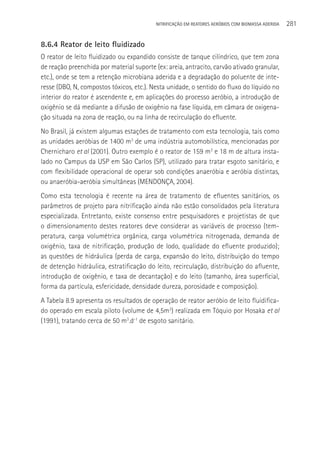 NITRIFICAçãO EM REATORES AERÓBIOS COM BIOMASSA ADERIDA   281

8.6.4 Reator de leito fluidizado
O reator de leito fluidizado ou expandido consiste de tanque cilíndrico, que tem zona
de reação preenchida por material suporte (ex: areia, antracito, carvão ativado granular,
etc.), onde se tem a retenção microbiana aderida e a degradação do poluente de inte-
resse (DBO, N, compostos tóxicos, etc.). Nesta unidade, o sentido do fluxo do líquido no
interior do reator é ascendente e, em aplicações do processo aeróbio, a introdução de
oxigênio se dá mediante a difusão de oxigênio na fase líquida, em câmara de oxigena-
ção situada na zona de reação, ou na linha de recirculação do efluente.
No Brasil, já existem algumas estações de tratamento com esta tecnologia, tais como
as unidades aeróbias de 1400 m3 de uma indústria automobilística, mencionadas por
Chernicharo et al (2001). Outro exemplo é o reator de 159 m3 e 18 m de altura insta-
lado no Campus da USP em São Carlos (SP), utilizado para tratar esgoto sanitário, e
com flexibilidade operacional de operar sob condições anaeróbia e aeróbia distintas,
ou anaeróbia-aeróbia simultâneas (MENDONçA, 2004).
Como esta tecnologia é recente na área de tratamento de efluentes sanitários, os
parâmetros de projeto para nitrificação ainda não estão consolidados pela literatura
especializada. Entretanto, existe consenso entre pesquisadores e projetistas de que
o dimensionamento destes reatores deve considerar as variáveis de processo (tem-
peratura, carga volumétrica orgânica, carga volumétrica nitrogenada, demanda de
oxigênio, taxa de nitrificação, produção de lodo, qualidade do efluente produzido);
as questões de hidráulica (perda de carga, expansão do leito, distribuição do tempo
de detenção hidráulica, estratificação do leito, recirculação, distribuição do afluente,
introdução de oxigênio, e taxa de decantação) e do leito (tamanho, área superficial,
forma da partícula, esfericidade, densidade dureza, porosidade e composição).
A Tabela 8.9 apresenta os resultados de operação de reator aeróbio de leito fluidifica-
do operado em escala piloto (volume de 4,5m3) realizada em Tóquio por Hosaka et al
(1991), tratando cerca de 50 m3.d-1 de esgoto sanitário.
 