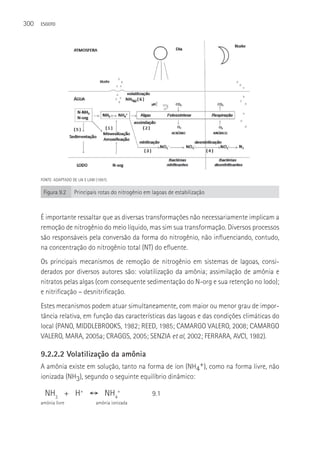 300   ESGOTO




      FONTE: ADAPTADO DE LAI E LAM (1997).

       Figura 9.2       Principais rotas do nitrogênio em lagoas de estabilização



      é importante ressaltar que as diversas transformações não necessariamente implicam a
      remoção de nitrogênio do meio líquido, mas sim sua transformação. Diversos processos
      são responsáveis pela conversão da forma do nitrogênio, não influenciando, contudo,
      na concentração do nitrogênio total (NT) do efluente.
      Os principais mecanismos de remoção de nitrogênio em sistemas de lagoas, consi-
      derados por diversos autores são: volatilização da amônia; assimilação de amônia e
      nitratos pelas algas (com consequente sedimentação do N-org e sua retenção no lodo);
      e nitrificação – desnitrificação.
      Estes mecanismos podem atuar simultaneamente, com maior ou menor grau de impor-
      tância relativa, em função das características das lagoas e das condições climáticas do
      local (PANO, MIDDLEBROOKS, 1982; REED, 1985; CAMARGO VALERO, 2008; CAMARGO
      VALERO, MARA, 2005a; CRAGGS, 2005; SENZIA et al, 2002; FERRARA, AVCI, 1982).

      9.2.2.2 Volatilização da amônia
      A amônia existe em solução, tanto na forma de íon (NH4+), como na forma livre, não
      ionizada (NH3), segundo o seguinte equilíbrio dinâmico:

        NH3 + H+ ↔ NH4+                                   9.1
      amônia livre                 amônia ionizada
 