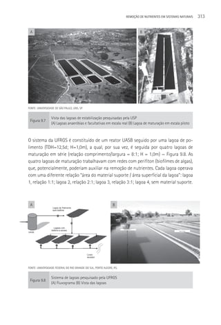 REMOçãO DE NUTRIENTES EM SISTEMAS NATURAIS   313


 A                                                                            B




FONTE: UNIVERSIDADE DE SãO PAULO, LINS, SP.


                  Vista das lagoas de estabilização pesquisadas pela USP
 Figura 9.7
                  (A) Lagoas anaeróbias e facultativas em escala real (B) Lagoa de maturação em escala piloto



O sistema da UFRGS é constituído de um reator UASB seguido por uma lagoa de po-
limento (TDH=12,5d; H=1,0m), a qual, por sua vez, é seguida por quatro lagoas de
maturação em série (relação comprimento/largura = 8:1; H = 1,0m) — Figura 9.8. As
quatro lagoas de maturação trabalhavam com redes com perifíton (biofilmes de algas),
que, potencialmente, poderiam auxiliar na remoção de nutrientes. Cada lagoa operava
com uma diferente relação “área do material suporte / área superficial da lagoa”: lagoa
1, relação 1:1; lagoa 2, relação 2:1; lagoa 3, relação 3:1; lagoa 4, sem material suporte.



 A                                                             B




FONTE: UNIVERSIDADE FEDERAL DO RIO GRANDE DO SUL, PORTO ALEGRE, RS.


                  Sistema de lagoas pesquisado pela UFRGS
 Figura 9.8
                  (A) Fluxograma (B) Vista das lagoas
 