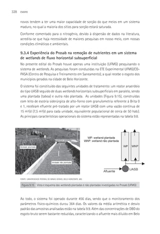 328   ESGOTO



      novos tendem a ter uma maior capacidade de sorção do que meios em um sistema
      maduro, no qual a maioria dos sítios para sorção estará saturada.
      Conforme comentado para o nitrogênio, devido à dispersão de dados na literatura,
      acredita-se que haja necessidade de maiores pesquisas em nosso meio, com nossas
      condições climáticas e ambientais.

      9.3.4 Experiência do Prosab na remoção de nutrientes em um sistema
      de wetlands de fluxo horizontal subsuperficial
      No presente edital do Prosab houve apenas uma instituição (UFMG) pesquisando o
      sistema de wetlands. As pesquisas foram conduzidas na ETE Experimental UFMG/CO-
      PASA (Centro de Pesquisa e Treinamento em Saneamento), a qual recebe o esgoto dos
      municípios gerados na cidade de Belo Horizonte.
      O sistema foi constituído das seguintes unidades de tratamento: um reator anaeróbio
      do tipo UASB seguido de duas wetlands horizontais subsuperficiais em paralelo, sendo
      uma plantada (taboa) e outra não plantada. As unidades (Figura 9.15), construídas
      com leito de escória siderúrgica de alto-forno com granulometria referente à Brita 0
      e 1, recebiam efluente pré-tratado por um reator UASB com uma vazão contínua de
      15 m³/d (7,5 m³/d para cada unidade, equivalente populacional de cerca de 50 hab.).
      As principais características operacionais do sistema estão representadas na tabela 9.8.




      FONTE: UNIVERSIDADE FEDERAL DE MINAS GERAIS, BELO HORIZONTE, MG.

       Figura 9.15 Vista e esquema das wetlands plantadas e não plantadas investigadas no Prosab (UFMG)



      Ao todo, o sistema foi operado durante 456 dias, sendo que o monitoramento dos
      parâmetros físico-químicos durou 364 dias. Os valores da média aritmética e desvio
      padrão das amostras analisadas estão na tabela 9.9. Além das concentrações de DBO do
      esgoto bruto serem bastante reduzidas, caracterizando o afluente mais diluído em Belo
 
