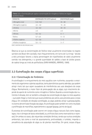 32   ESGOTO




       Tabela 2.3 > Contribuições per capita e concentrações de nitrogênio e fósforo em esgoto
       doméstico bruto
      PARâMETRO                                CONTRIBUIçãO PER CAPITA (g/hab.d)   CONCENTRAçãO (mg/L)

       •   Nitrogênio total                    6 ,0- 10,0                          35 – 60
       •   Nitrogênio orgânico                 2,5 – 4,0                           15 – 25
       •   Amônia                              3,5 – 6,0                           20 – 35
       •   Nitrito                             ≈0                                  ≈0
       •   Nitrato                             0,0 - 0,2                           0–1
       Fósforo                                 0,7 –2,0                            4 – 12
       •   Fósforo orgânico                    0,2 – 0,8                           1–5
       •   Fósforo inorgânico                  0,5 – 1,2                           3–7
     FONTE: ADAPTADO DE VON SPERLING (2005).



     Observa-se que as concentrações de fósforo total usualmente encontradas no esgoto
     sanitário do Brasil têm oscilado, mais frequentemente, em torno de 5 a 8 mgL-1 devido
     a dois principais fatores: a baixa percentagem de tripolifosfato de sódio atualmente
     contido nos detergentes, e a grande quantidade de sabões a base de ácidos graxos
     de cadeia longa ao invés de polifosfatos (VAN HAANDEL; MARAIS, 1999).



     2.3 Eutrofização dos corpos d’água superficiais
     2.3.1 Conceituação do fenômeno
     A eutrofização é o enriquecimento do meio aquático com nutrientes, causando o cresci-
     mento de organismos e plantas aquáticas, tanto planctônicas quanto aderidas, que podem
     atingir níveis tais que sejam causadores de interferências aos usos desejáveis do corpo
     d’água. Normalmente, o maior fator de preocupação são as algas, cujo crescimento de-
     pende do aporte de nutrientes como nitrogênio e fósforo. Quando a concentração dos nu-
     trientes é elevada, tem-se também a elevação da concentração de algas no meio aquático
     – que pode chegar a níveis tais que cause problemas aos vários usos previstos para o corpo
     d’água. Em condições de elevada eutrofização, as algas poderão atingir superpopulações,
     no evento denominado floração das algas. A eutrofização pode também ter como resultado
     a proliferação de macrófitas, especialmente o aguapé (gigoga, jacinto de água).
     O processo de eutrofização pode ocorrer em corpos d’água naturais (tais como lagoas,
     lagos, rios e córregos de baixa velocidade), ou artificiais (tais como reservatórios e repre-
     sas). Em ambos os casos, são requeridas condições lênticas, sendo que outras condições
     ambientais, tais como o nível de assoreamento, profundidade, e turbidez, imporão a
     prevalência da população de algas ou de plantas macrófitas. Em geral, corpos d’água
 