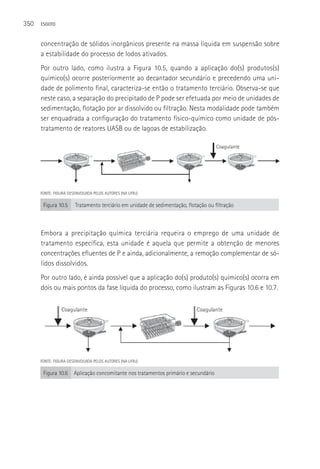 350   ESGOTO



      concentração de sólidos inorgânicos presente na massa líquida em suspensão sobre
      a estabilidade do processo de lodos ativados.
      Por outro lado, como ilustra a Figura 10.5, quando a aplicação do(s) produtos(s)
      químico(s) ocorre posteriormente ao decantador secundário e precedendo uma uni-
      dade de polimento final, caracteriza-se então o tratamento terciário. Observa-se que
      neste caso, a separação do precipitado de P pode ser efetuada por meio de unidades de
      sedimentação, flotação por ar dissolvido ou filtração. Nesta modalidade pode também
      ser enquadrada a configuração do tratamento físico-químico como unidade de pós-
      tratamento de reatores UASB ou de lagoas de estabilização.




      FONTE: FIGURA DESENVOLVIDA PELOS AUTORES (NA UFRJ).

       Figura 10.5      Tratamento terciário em unidade de sedimentação, flotação ou filtração



      Embora a precipitação química terciária requeira o emprego de uma unidade de
      tratamento específica, esta unidade é aquela que permite a obtenção de menores
      concentrações efluentes de P e ainda, adicionalmente, a remoção complementar de só-
      lidos dissolvidos.
      Por outro lado, é ainda possível que a aplicação do(s) produto(s) químico(s) ocorra em
      dois ou mais pontos da fase líquida do processo, como ilustram as Figuras 10.6 e 10.7.




      FONTE: FIGURA DESENVOLVIDA PELOS AUTORES (NA UFRJ).

       Figura 10.6     Aplicação concomitante nos tratamentos primário e secundário
 