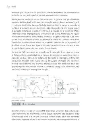 362   ESGOTO



      bolhas de gás à superfície das partículas e, consequentemente, da ascensão destas
      partículas em direção à superfície, de onde são devidamente coletadas.
      A flotação pode ser classificada em função da forma de geração e do gás utilizado no
      processo. Na flotação eletrolítica ou eletroflotação, a obtenção das bolhas de H2 e O2
      é resultante da eletrólise da água. Na flotação por ar disperso ou por ar induzido, as
      bolhas de ar possuem grandes diâmetros e são introduzidas na fase líquida através
      da agitação desta fase à pressão atmosférica. Já a flotação por ar dissolvido (FAD) é
      a tecnologia mais empregada para o tratamento de esgoto. Neste caso, no líquido
      contido em uma câmara pressurizada é promovida a supersaturação de ar, de forma
      que ele libere microbolhas quando posteriormente submetido à pressão atmosférica.
      Estas bolhas, combinadas aos sólidos em suspensão, resultam em um agregado com
      densidade menor do que a da água, permitindo o procedimento de empuxo e arraste
      das partículas em suspensão para a superfície do líquido.
      Um sistema FAD é composto por uma câmara de saturação de ar e por um tanque
      de flotação. Como a solubilidade do ar na água decresce com o aumento da concen-
      tração de sólidos, é comum, no tratamento do esgoto, o emprego do sistema com
      recirculação. No caso, como ilustra a Figura 10.12, após a flotação, uma parcela do
      efluente tratado retorna para a câmara de pressurização e de dissolução de ar, para
      que, em seguida, misturada ao afluente já submetido a coagulação e floculação, seja
      novamente introduzida no tanque de flotação.




      FONTE: CAMPOS et al (2004).

       Figura 10.12       FAD com recirculação



      O melhor desempenho de um sistema FAD depende do tamanho e da distribuição di-
      fusa e homogênea das microbolhas. Admite-se que o tamanho ideal das bolhas esteja
      compreendido entre 10 e 100 µm, sendo que a maior parcela delas deve apresentar
      diâmetro da ordem de 50 µm. Quanto menor o tamanho médio das microbolhas de ar
 