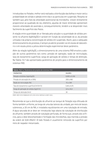 REMOçãO DE NUTRIENTES POR PROCESSOS FÍSICO-QUÍMICOS   363

introduzidas no flotador, melhor será realizada a distribuição das bolhas e maior será a
probabilidade de colisão e adesão entre elas e as partículas em suspensão. Ressalta-se
também que, pelo fato da velocidade ascensional da microbolha crescer diretamente
proporcional ao quadrado do seu diâmetro, aquelas de maior dimensão apresentam
maiores velocidades de ascensão e, consequentemente, tendem a se desprender mais
facilmente da superfície dos flocos.
A relação entre quantidade de ar liberada pela solução e a quantidade de sólidos pre-
sente no afluente (kgAr/kgSS) é variável em função da solubilidade do ar, da pressão
utilizada e da própria concentração de sólidos em suspensão. Assim, para o adequado
dimensionamento do processo, é sempre prudente proceder-se em escala de laborató-
rio e em escala piloto a prévia determinação experimental deste parâmetro.
Além da relação kgAr/kgSS, o dimensionamento de uma sistema FAD envolve a ado-
ção de outros parâmetros tais como: pressão de operação, razão de recirculação,
taxa de escoamento superficial, carga de aplicação de sólidos e tempo de detenção.
Na Tabela 10.7 são apresentados parâmetros de projeto para o dimensionamento de
sistemas FAD.

 Tabela 10.7 > Parâmetros de projeto de sistemas FAD
 PARâMETROS                                                                            VALORES

 Relação ar/sólidos (kgAr/kgSS)                                                        0,005 a 0,100
 Pressão de saturação de ar (kPa)                                                      200 a 480
 Razão de recirculação (%)                                                             15 a 300
 Taxa de escoamento superficial (m³/m².h)                                              0,48 a 9,76
 Carga de aplicação de sólidos (kg/m².h)                                               2,0 a 24,4
 Tempo de detenção (min)                                                               30
FONTE: DICK (1972), RAMALHO (1977), EPA (1975) E METCALF & EDDY (1991).



Recomenda-se que a distribuição do afluente ao tanque de flotação seja efetuada de
forma também uniforme, ao longo de uma das laterais da unidade, por meio de bocais
submersos, a 20 cm do NA, e instalados equidistantes em uma tubulação de entrada.
A água saturada de ar deve ser introduzida logo abaixo da tubulação de distribuição
do afluente, também através de tubulação perfurada, de forma que, através dos orifí-
cios, para a ideal descompressão e formação das microbolhas, seja mantida a pressão
da ordem de 0,04 kPa/m². O lodo flotado é usualmente removido da superfície por
meio de raspador mecanizado.
 