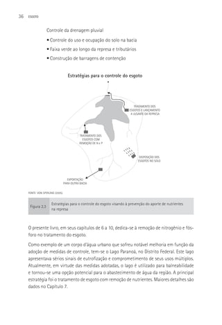 36   ESGOTO



                   Controle da drenagem pluvial
                   • Controle do uso e ocupação do solo na bacia
                   • Faixa verde ao longo da represa e tributários
                   • Construção de barragens de contenção


                                      Estratégias para o controle do esgoto




                                                                           TRATAMENTO DOS
                                                                       ESGOTOS E LANÇAMENTO
                                                                        A JUSANTE DA REPRESA




                                             TRATAMENTO DOS
                                               ESGOTOS COM
                                             REMOÇÃO DE N e P



                                                                             DISPOSIÇÃO DOS
                                                                            ESGOTOS NO SOLO




                                     EXPORTAÇÃO
                                   PARA OUTRA BACIA


     FONTE: VON SPERLING (2005).


                       Estratégias para o controle do esgoto visando à prevenção do aporte de nutrientes
      Figura 2.3
                       na represa



     O presente livro, em seus capítulos de 6 a 10, dedica-se à remoção de nitrogênio e fós-
     foro no tratamento do esgoto.
     Como exemplo de um corpo d’água urbano que sofreu notável melhoria em função da
     adoção de medidas de controle, tem-se o Lago Paranoá, no Distrito Federal. Este lago
     apresentava sérios sinais de eutrofização e comprometimento de seus usos múltiplos.
     Atualmente, em virtude das medidas adotadas, o lago é utilizado para balneabilidade
     e tornou-se uma opção potencial para o abastecimento de água da região. A principal
     estratégia foi o tratamento de esgoto com remoção de nutrientes. Maiores detalhes são
     dados no Capítulo 7.
 