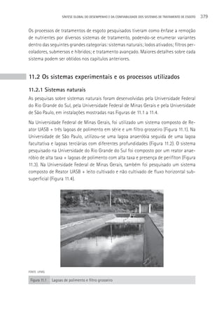 SÍNTESE GLOBAL DO DESEMPENHO E DA CONFIABILIDADE DOS SISTEMAS DE TRATAMENTO DE ESGOTO   379

Os processos de tratamentos de esgoto pesquisados tiveram como ênfase a remoção
de nutrientes por diversos sistemas de tratamento, podendo-se enumerar variantes
dentro das seguintes grandes categorias: sistemas naturais; lodos ativados; filtros per-
coladores, submersos e híbridos; e tratamento avançado. Maiores detalhes sobre cada
sistema podem ser obtidos nos capítulos anteriores.


11.2 Os sistemas experimentais e os processos utilizados
11.2.1 Sistemas naturais
As pesquisas sobre sistemas naturais foram desenvolvidas pela Universidade Federal
do Rio Grande do Sul, pela Universidade Federal de Minas Gerais e pela Universidade
de São Paulo, em instalações mostradas nas Figuras de 11.1 a 11.4.
Na Universidade Federal de Minas Gerais, foi utilizado um sistema composto de Re-
ator UASB + três lagoas de polimento em série e um filtro grosseiro (Figura 11.1). Na
Universidade de São Paulo, utilizou-se uma lagoa anaeróbia seguida de uma lagoa
facultativa e lagoas terciárias com diferentes profundidades (Figura 11.2). O sistema
pesquisado na Universidade do Rio Grande do Sul foi composto por um reator anae-
róbio de alta taxa + lagoas de polimento com alta taxa e presença de perifíton (Figura
11.3). Na Universidade Federal de Minas Gerais, também foi pesquisado um sistema
composto de Reator UASB + leito cultivado e não cultivado de fluxo horizontal sub-
superficial (Figura 11.4).




FONTE: UFMG.

 Figura 11.1   Lagoas de polimento e filtro grosseiro
 