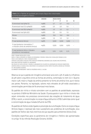 IMPACTO DOS NUTRIENTES DO ESGOTO LANçADO EM CORPOS D’áGUA   41


 Tabela 2.5 > Padrões de qualidade para corpos d’água doce relacionados
 às formas de nitrogênio e fósforo
 PARâMETRO                                         UNIDADE             ÁGUAS DOCES
                                                                       1           2           3        4
 N amoniacal total (pH≤7,5)                        mgN/L               3,7         3,7         13,3     -
 N amoniacal total (7,5<pH≤8,0)                    mgN/L               2,0         2,0         5,6      -
 N amoniacal total (8,0<pH≤8,5)                    mgN/L               1,0         1,0         2,2      -
 N amoniacal total (pH>8,5)                        mgN/L               0,5         0,5         1,0      -
 Nitrato                                           mgN/L               10,0        10,0        10,0     -
 Nitrito                                           mgN/L               1,0         1,0         1,0      -
 P total (ambiente lêntico)                        mgP/L               0,020       0,030       0,050    -

 P total (ambiente intermediário (a)
                                                   mgP/L               0,025       0,050       0,075    -
 e tributário direto de ambiente lêntico)

 P total (ambiente lótico e tributário
                                                   mgP/L               0,10        0,10        0,15     -
 de ambiente intermediário)
FONTE: CONAMA (RESOLUçãO 357/05).
NOTAS: A TABELA APRESENTA AS FORMAS DE NITROGêNIO E FóSFORO; CONSULTAR A RESOLUçãO CONAMA 357/05
PARA A LISTA COMPLETA E PARA A REDAçãO OFICIAL
VERIFICAR LEGISLAçõES ESTADUAIS PARA EVENTUAIS PARâMETROS ADICIONAIS E/OU VALORES MAIS RESTRITIVOS,
BEM COMO EVENTUAIS PADRõES DE LANçAMENTO
NAS áGUAS DE CLASSE ESPECIAL é VEDADO O LANçAMENTO DE EFLUENTES OU DISPOSIçãO DE RESÍDUOS DOMéSTICOS,
AGROPECUáRIOS, DE AQüICULTURA, INDUSTRIAIS E DE QUAISQUER OUTRAS FONTES POLUENTES, MESMO QUE TRATADOS
VA: VIRTUALMENTE AUSENTES
(A) AMBIENTE INTERMEDIáRIO: TEMPO DE RESIDêNCIA ENTRE 2 E 40 DIAS



Observa-se que o padrão de nitrogênio amoniacal varia com o pH. A razão é a influência
do pH sobre o equilíbrio entre as formas de amônia, comentada no item 2.2.1. Quanto
maior o pH, maior a fração da amônia presente na forma de amônia livre, que é tóxica
aos peixes. Portanto, na legislação, valores mais elevados de pH estão associados a
concentrações permitidas de N-amoniacal mais baixas.
Os padrões de nitrito e nitrato coincidem com os padrões de potabilidade, expressos
na portaria 518/04 do Ministério da Saúde. O pressuposto é que nitrito e nitrato não
sejam removidos nos processos convencionais das estações de tratamento de água
(ETA), e assim, a concentração no corpo d’água (afluente à ETA) é admitida como igual
à concentração da água tratada (efluente da ETA).
Os padrões de fósforo estão ligados à prevenção da eutrofização. Como os corpos d’água
lênticos (lagos e represas) são mais susceptíveis aos problemas de eutrofização, seus
padrões de fósforo são mais restritivos do que aqueles para ambientes lóticos (rios).
Condições específicas para os parâmetros de nitrogênio e fósforo são apresentadas
no artigo 10 da referida Resolução Conama 357/05:
 