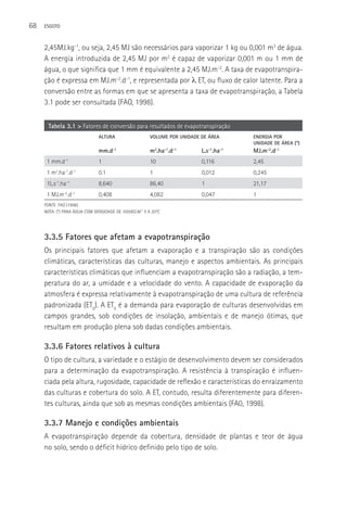 68   ESGOTO



     2,45MJ.kg-1, ou seja, 2,45 MJ são necessários para vaporizar 1 kg ou 0,001 m3 de água.
     A energia introduzida de 2,45 MJ por m2 é capaz de vaporizar 0,001 m ou 1 mm de
     água, o que significa que 1 mm é equivalente a 2,45 MJ.m-2. A taxa de evapotranspira-
     ção é expressa em MJ.m-2.d-1, e representada por λ ET, ou fluxo de calor latente. Para a
     conversão entre as formas em que se apresenta a taxa de evapotranspiração, a Tabela
     3.1 pode ser consultada (FAO, 1998).

       Tabela 3.1 > Fatores de conversão para resultados de evapotranspiração
                               ALTURA                   VOLUME POR UNIDADE DE ÁREA      ENERGIA POR
                                                                                        UNIDADE DE ÁREA (*)
                               mm.d-1                   m3.ha-1.d-1        L.s-1.ha-1   MJ.m-2.d-1
      1 mm.d   -1
                               1                        10                 0,116        2,45
      1 m3.ha-1.d-1            0.1                      1                  0,012        0,245
      1L.s .ha
          -1     -1
                               8,640                    86,40              1            21,17
      1 MJ.m-2.d-1             0,408                    4,082              0,047        1
     FONTE: FAO (1998).
     NOTA: (*) PARA áGUA COM DENSIDADE DE 1000KG.M-3 E A 20OC




     3.3.5 Fatores que afetam a evapotranspiração
     Os principais fatores que afetam a evaporação e a transpiração são as condições
     climáticas, características das culturas, manejo e aspectos ambientais. As principais
     características climáticas que influenciam a evapotranspiração são a radiação, a tem-
     peratura do ar, a umidade e a velocidade do vento. A capacidade de evaporação da
     atmosfera é expressa relativamente à evapotranspiração de uma cultura de referência
     padronizada (ET0). A ET0 é a demanda para evaporação de culturas desenvolvidas em
     campos grandes, sob condições de insolação, ambientais e de manejo ótimas, que
     resultam em produção plena sob dadas condições ambientais.

     3.3.6 Fatores relativos à cultura
     O tipo de cultura, a variedade e o estágio de desenvolvimento devem ser considerados
     para a determinação da evapotranspiração. A resistência à transpiração é influen-
     ciada pela altura, rugosidade, capacidade de reflexão e características do enraizamento
     das culturas e cobertura do solo. A ET, contudo, resulta diferentemente para diferen-
     tes culturas, ainda que sob as mesmas condições ambientais (FA0, 1998).

     3.3.7 Manejo e condições ambientais
     A evapotranspiração depende da cobertura, densidade de plantas e teor de água
     no solo, sendo o déficit hídrico definido pelo tipo de solo.
 
