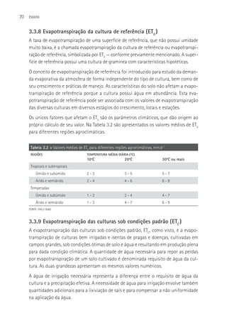 70   ESGOTO



     3.3.8 Evapotranspiração da cultura de referência (ET0 )
     A taxa de evapotranspiração de uma superfície de referência, que não possui umidade
     muito baixa, é a chamada evapotranspiração da cultura de referência ou evapotranspi-
     ração de referência, simbolizada por ET0 — conforme previamente mencionado. A super-
     fície de referência possui uma cultura de gramínea com características hipotéticas.
     O conceito de evapotranspiração de referência foi introduzido para estudo da deman-
     da evaporativa da atmosfera de forma independente do tipo de cultura, bem como de
     seu crescimento e práticas de manejo. As características do solo não afetam a evapo-
     transpiração de referência porque a cultura possui água em abundância. Esta eva-
     potranspiração de referência pode ser associada com os valores de evapotranspiração
     das diversas culturas em diversos estágios do crescimento, locais e estações.
     Os únicos fatores que afetam o ET0 são os parâmetros climáticos, que dão origem ao
     próprio cálculo de seu valor. Na Tabela 3.2 são apresentados os valores médios de ET0
     para diferentes regiões agroclimáticas.

      Tabela 3.2 > Valores médios de ET0 para diferentes regiões agroclimáticas, mm.d-1
      REGIõES                           TEMPERATURA MéDIA DIÁRIA (OC)
                                        10oC                  20oC                   30oC ou mais
      Tropicais e subtropicais
          úmido e subúmido              2-3                   3-5                    5-7
          árido e semiárido             2-4                   4-6                    6-8
      Temperadas
          úmido e subúmido              1-2                   2-4                    4-7
          árido e semiárido             1-3                   4-7                    6-9
     FONTE: FAO (1998).



     3.3.9 Evapotranspiração das culturas sob condições padrão (ETC )
     A evapotranspiração das culturas sob condições padrão, ETC, como visto, é a evapo-
     transpiração de culturas bem irrigadas e isentas de pragas e doenças, cultivadas em
     campos grandes, sob condições ótimas de solo e água e resultando em produção plena
     para dada condição climática. A quantidade de água necessária para repor as perdas
     por evapotranspiração de um solo cultivado é denominada requisito de água da cul-
     tura. As duas grandezas apresentam os mesmos valores numéricos.
     A água de irrigação necessária representa a diferença entre o requisito de água da
     cultura e a precipitação efetiva. A necessidade de água para irrigação envolve também
     quantidades adicionais para a lixiviação de sais e para compensar a não uniformidade
     na aplicação da água.
 