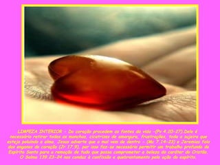 LIMPEZA INTERIOR - Do coração procedem as fontes da vida -(Pv 4.20-27).Dele é  necessário retirar todas as manchas, cicatrizes de amargura, frustrações, toda a sujeira que esteja poluindo a alma. Jesus adverte que o mal vem de dentro - (Mc 7.14-23) e Jeremias fala dos enganos do coração (Jr 17.9), por isso faz-se necessário permitir um trabalho profundo do Espírito Santo para a remoção de tudo que possa comprometer a beleza do caráter do Cristão. O Salmo 139.23-24 nos conduz à confissão e quebrantamento pela ação do espírito. 