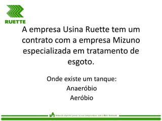 A empresa Usina Ruette tem um
contrato com a empresa Mizuno
especializada em tratamento de
esgoto.
Onde existe um tanque:
Anaeróbio
Aeróbio

 