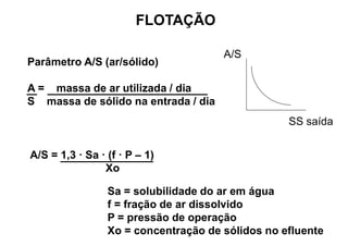 FLOTAÇÃO
Parâmetro A/S (ar/sólido)
A = massa de ar utilizada / dia
S massa de sólido na entrada / dia
A/S = 1,3  Sa  (f  P – 1)
Xo
Sa = solubilidade do ar em água
f = fração de ar dissolvido
P = pressão de operação
Xo = concentração de sólidos no efluente
A/S
SS saída
 