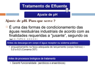 Ajuste de pH. Para que serve ?
 É uma das formas de condicionamento das
águas residuárias industriais de acordo com as
finalidades requeridas a “jusante”, segundo os
seguintes casos:
 