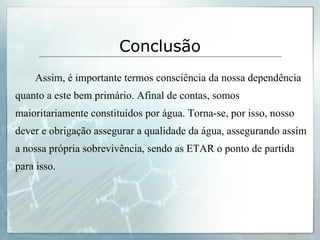 Assim, é importante termos consciência da nossa dependência quanto a este bem primário. Afinal de contas, somos maioritariamente constituídos por água. Torna-se, por isso, nosso dever e obrigação assegurar a qualidade da água, assegurando assim a nossa própria sobrevivência, sendo as ETAR o ponto de partida para isso. Conclusão   