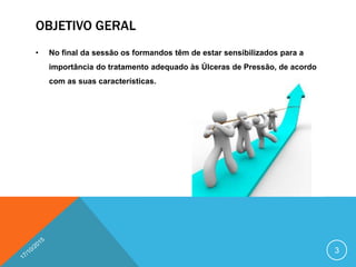 OBJETIVO GERAL
• No final da sessão os formandos têm de estar sensibilizados para a
importância do tratamento adequado às Úlceras de Pressão, de acordo
com as suas características.
3
 