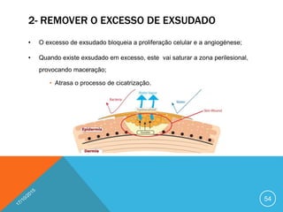 2- REMOVER O EXCESSO DE EXSUDADO
• O excesso de exsudado bloqueia a proliferação celular e a angiogénese;
• Quando existe exsudado em excesso, este vai saturar a zona perilesional,
provocando maceração;
• Atrasa o processo de cicatrização.
54
 