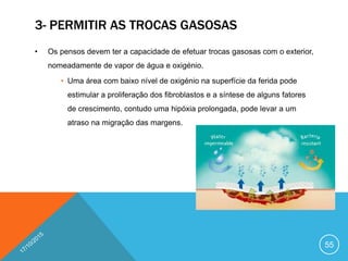 3- PERMITIR AS TROCAS GASOSAS
• Os pensos devem ter a capacidade de efetuar trocas gasosas com o exterior,
nomeadamente de vapor de água e oxigénio.
• Uma área com baixo nível de oxigénio na superfície da ferida pode
estimular a proliferação dos fibroblastos e a síntese de alguns fatores
de crescimento, contudo uma hipóxia prolongada, pode levar a um
atraso na migração das margens.
55
 