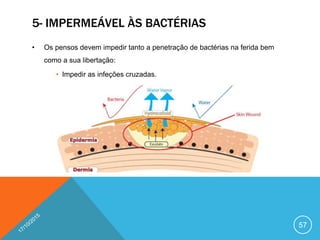5- IMPERMEÁVEL ÀS BACTÉRIAS
• Os pensos devem impedir tanto a penetração de bactérias na ferida bem
como a sua libertação:
• Impedir as infeções cruzadas.
57
 