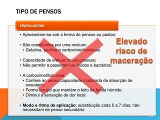 TIPO DE PENSOS
62
• Apresentam-se sob a forma de pensos ou pastas;
• São constituídos por uma mistura:
• Gelatina, pectina e carboximetilcelulose.
• Capacidade de efetuar trocas gasosas;
• Não permitir a passagem de fluidos e bactérias;
• A carboximetilcelulose:
• Confere ao penso capacidade moderada de absorção de
exsudado:
• Forma um gel que mantém o leito da ferida húmido;
• Diminui a sensação de dor local.
• Modo e ritmo de aplicação: substituição cada 5 a 7 dias; não
necessitam de penso secundário.
Hidrocolóide
 